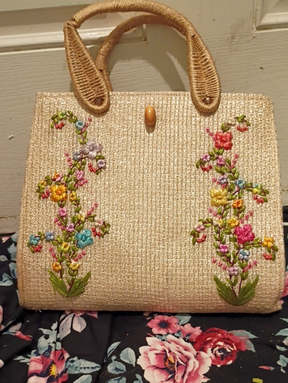 Beige Embroidered Straw Tote with Colorful Floral Accents